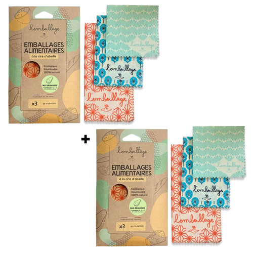 Pack découverte 3 formats, petit, moyen et grand, idéal pour emballer différents aliments, plats..., beewrap français, motif origami